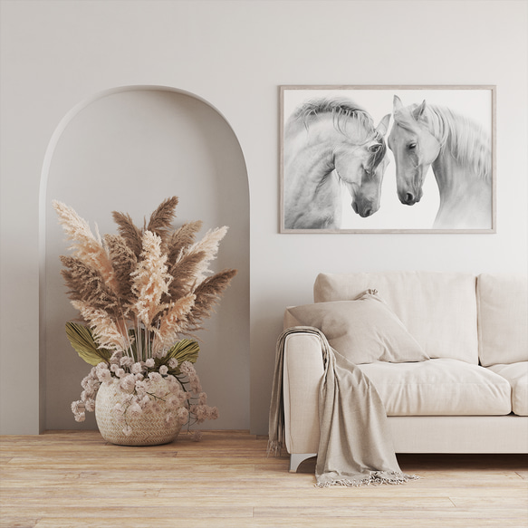 アートポスター 白馬 モノクロ 優雅 北欧風 自然美 動物アート インテリア モダン 白黒写真風 4709 4枚目の画像