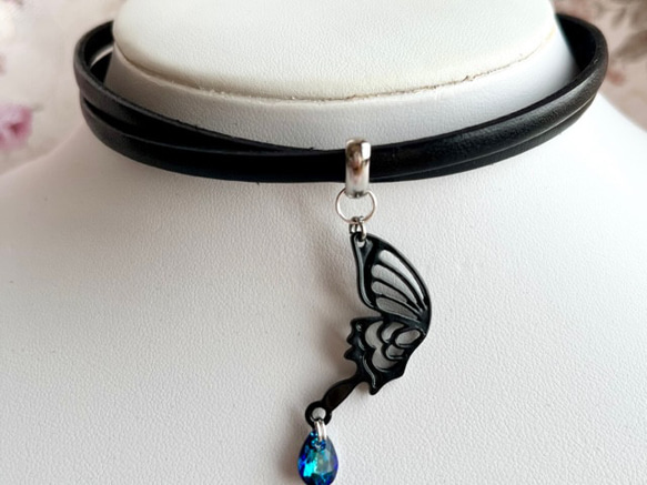 黒革チョーカー／黒蝶／クリスタル／シルバー 3枚目の画像