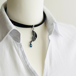 黒革チョーカー／黒蝶／クリスタル／シルバー 2枚目の画像