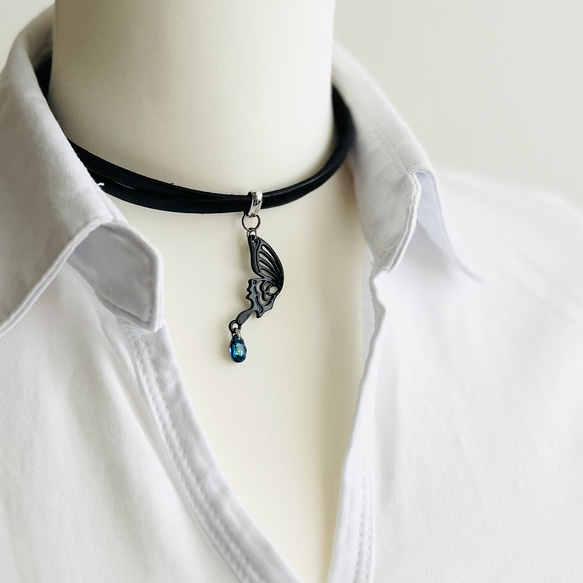 黒革チョーカー／黒蝶／クリスタル／シルバー 2枚目の画像
