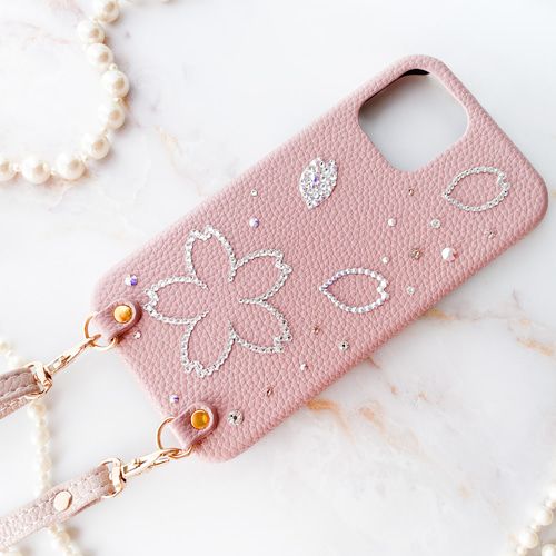 Phone16,15他全機種 桜柄スワロフスキーデコレーション