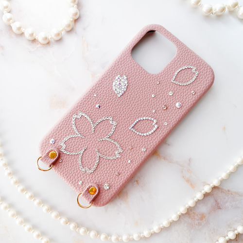 Phone16,15他全機種 桜柄スワロフスキーデコレーション
