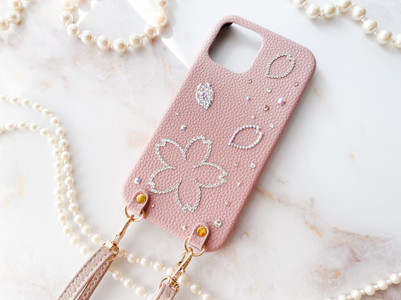 Phone16,15他全機種 桜柄スワロフスキーデコレーション スモーキー