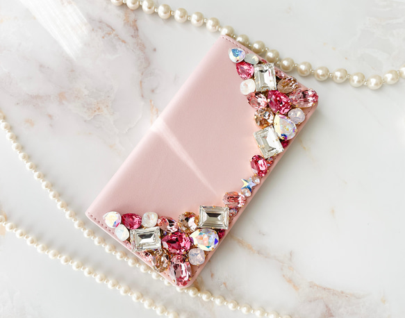 ベビーピンク手帳型 iPhone15pro,14,13,他 スワロフスキーデコレーションケースピンク系ビジューカバー また クリスタル