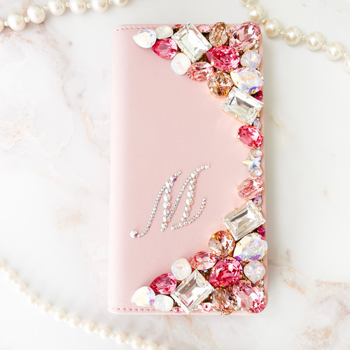 ベビーピンク手帳型 iPhone17pro,16,15,14,13他スワロフスキー