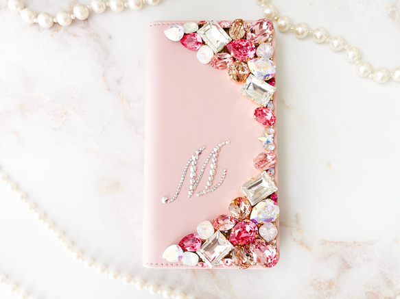 ベビーピンク手帳型 iPhone15pro,14,13,他 スワロフスキーデコレーションケースピンク系ビジューカバー また クリスタル
