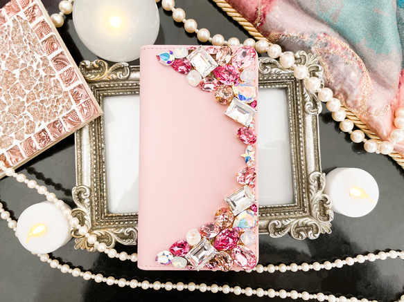 ベビーピンク手帳型 iPhone15pro,14,13,他 スワロフスキーデコレーションケースピンク系ビジューカバー また クリスタル