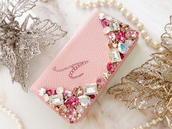 ベビーピンク手帳型 iPhone15pro,14,13,他 スワロフスキーデコレーションケースピンク系ビジューカバー また クリスタル