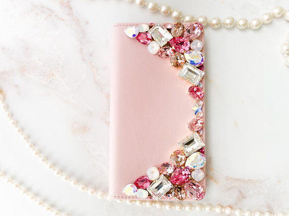 ベビーピンク手帳型 iPhone15pro,14,13,他 スワロフスキーデコレーションケースピンク系ビジューカバー また クリスタル