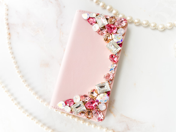 ベビーピンク手帳型 iPhone15pro,14,13,他 スワロフスキーデコレーションケースピンク系ビジューカバー また クリスタル
