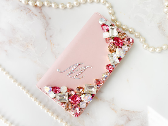 ベビーピンク手帳型 iPhone15pro,14,13,他 スワロフスキーデコレーションケースピンク系ビジューカバー また クリスタル