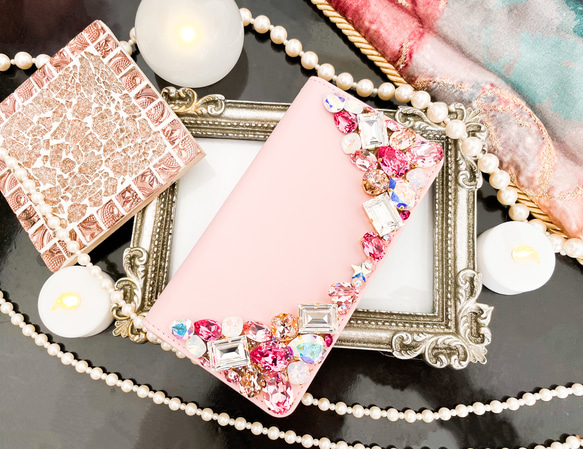 ベビーピンク手帳型 iPhone15pro,14,13,他 スワロフスキーデコレーションケースピンク系ビジューカバー また クリスタル