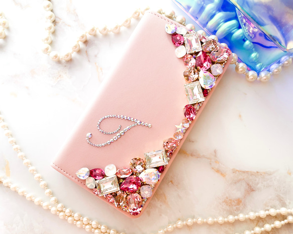 ベビーピンク手帳型 iPhone15pro,14,13,他 スワロフスキーデコレーションケースピンク系ビジューカバー また クリスタル