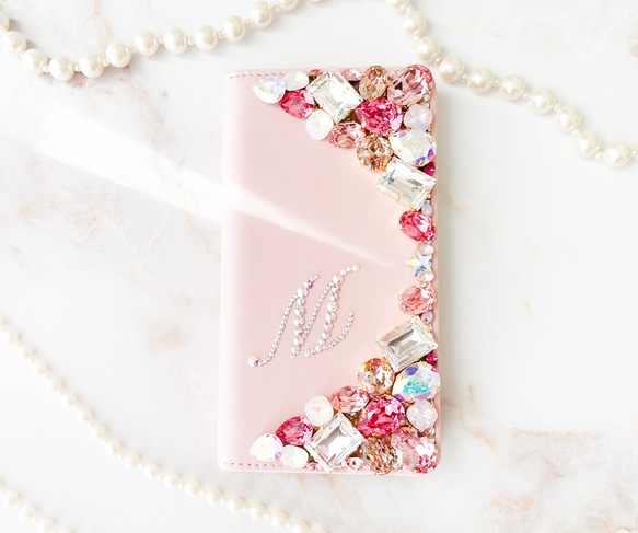 ベビーピンク手帳型 iPhone15pro,14,13,他 スワロフスキーデコレーションケースピンク系ビジューカバー また クリスタル