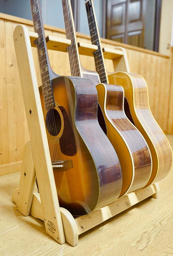 【24時間以内に発送】手作り木工　木製ギタースタンド （オーク） ３本掛け