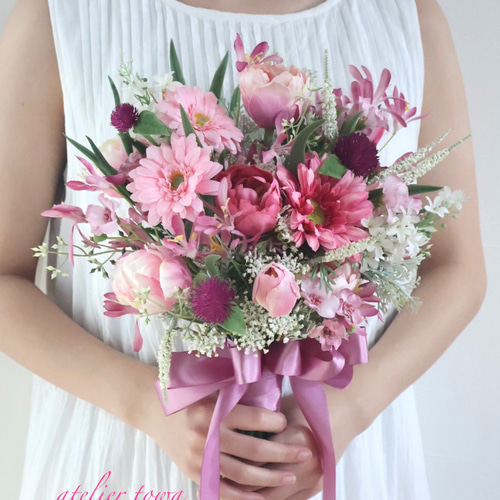 ピンクオンピンクブーケ ブートニアセット ウェディングブーケ