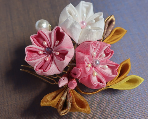 つまみ細工 髪飾り【花の雲】コーム かんざし 正絹 シルクsilk 桜