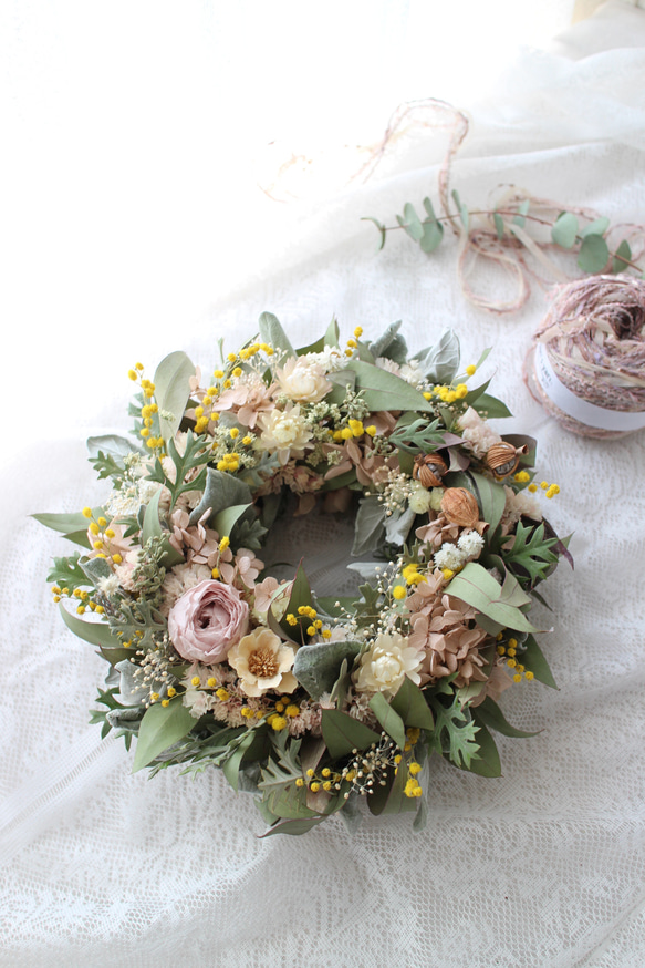 レアカラーなスターチスとミモザのラウンドリース ～一点もの～ リース  