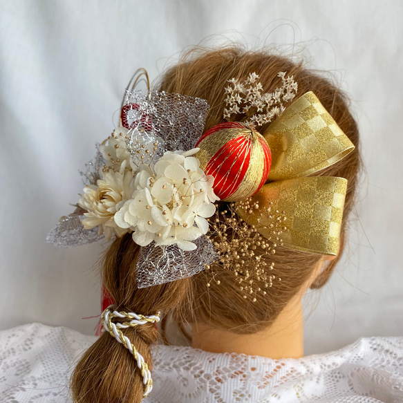 ドライフラワー髪飾り　プリザーブドフラワー　タッセル　水引　市松柄リボン　結婚式　成人式　卒業式 3枚目の画像