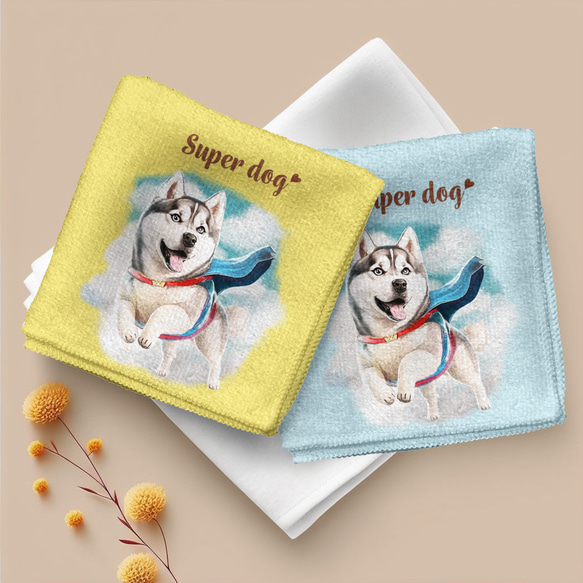 【 ヒーロー シベリアンハスキー 】 パステルカラー ハンカチ　2枚セット　犬　ペット　うちの子　プレゼント 2枚目の画像