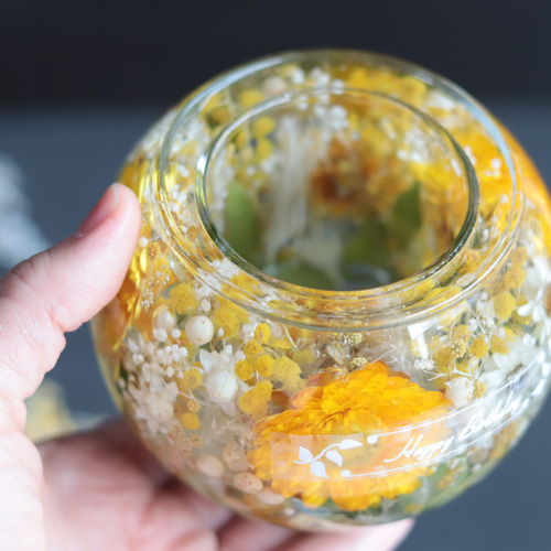 ミモザと野花の水中庭園」固まるハーバリウムキャンドルホルダー