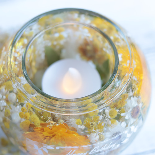 ミモザと野花の水中庭園」固まるハーバリウムキャンドルホルダー