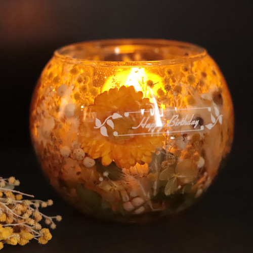 ミモザと野花の水中庭園」固まるハーバリウムキャンドルホルダー