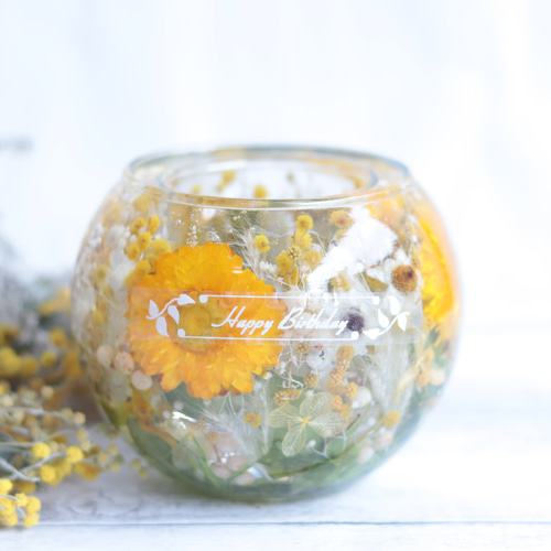 ミモザと野花の水中庭園」固まるハーバリウムキャンドルホルダー