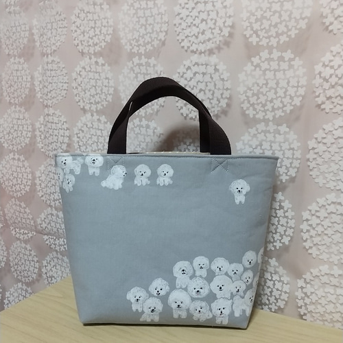 ハンドメイド　サイドポケット付きトートバッグ　ビションフリーゼ ビションフリーゼ トートバッグ 【バイカラー／ネイビー】 もこもこ