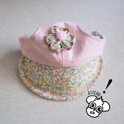 ドッグキャップ-フラワーピンクドット刺繍x小花柄（耳出し）犬用帽子 1枚目の画像