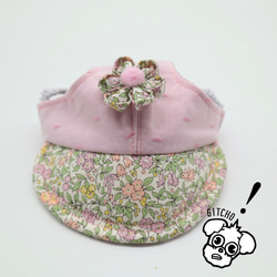ドッグキャップ-フラワーピンクドット刺繍x小花柄（耳出し）犬用帽子 2枚目の画像