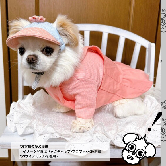 ドッグキャップ-フラワーピンクドット刺繍x小花柄（耳出し）犬用帽子 10枚目の画像