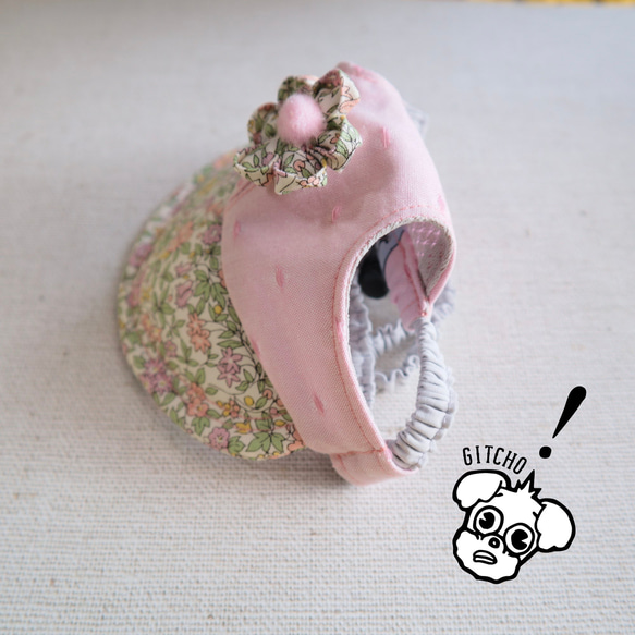 ドッグキャップ-フラワーピンクドット刺繍x小花柄（耳出し）犬用帽子 7枚目の画像