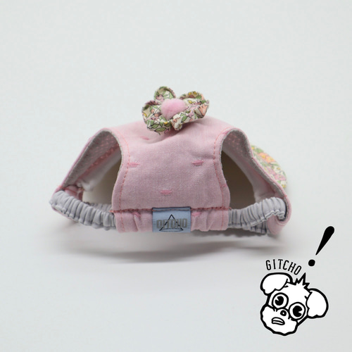 ドッグキャップ-フラワーピンクドット刺繍x小花柄（耳出し）犬用帽子