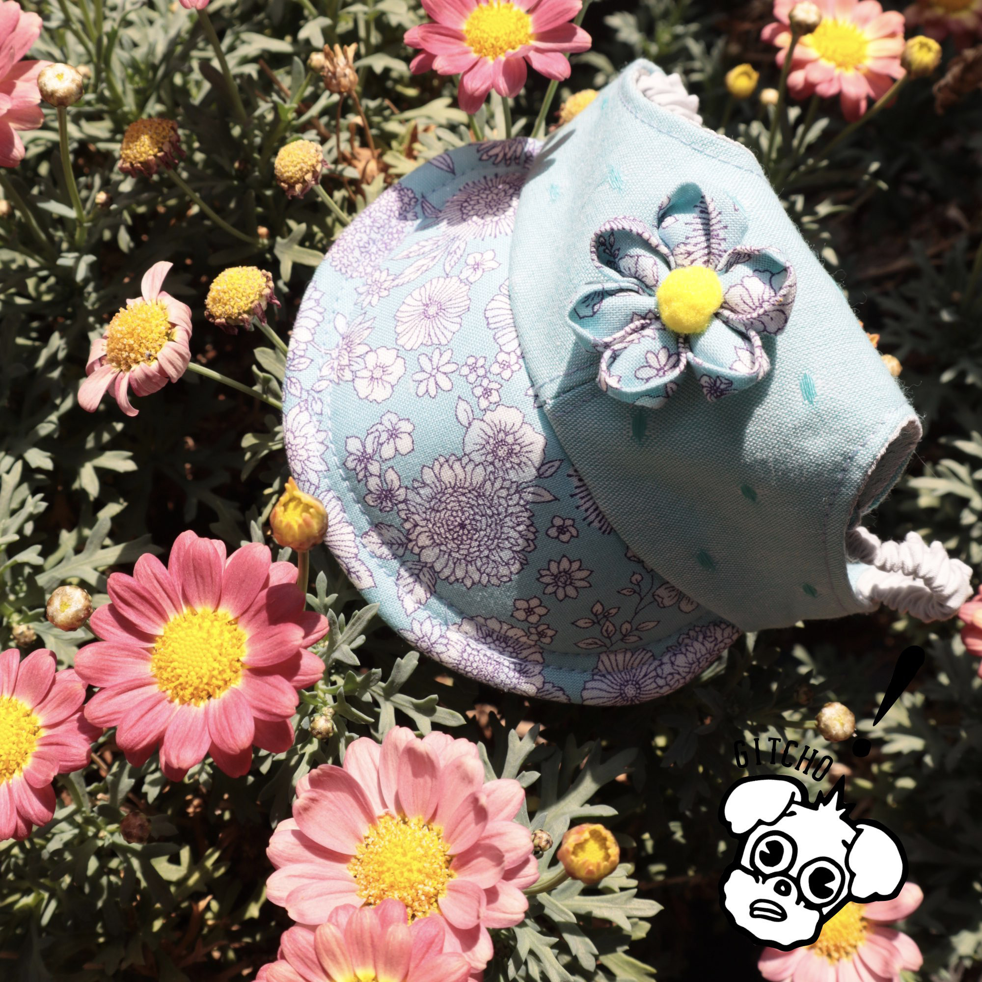 ドッグキャップ-フラワーグリーンドット刺繍x花柄（耳出し）犬用帽子