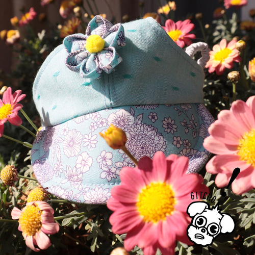 ドッグキャップ-フラワーグリーンドット刺繍x花柄（耳出し）犬用帽子