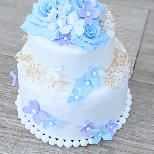 sale】バラと紫陽花のクレイケーキ☆文字入れできます☆リングピローに