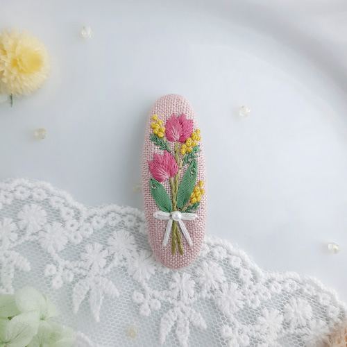 春の花束 刺繍パッチンピン パール 春ヘアピン チューリップパッチン 