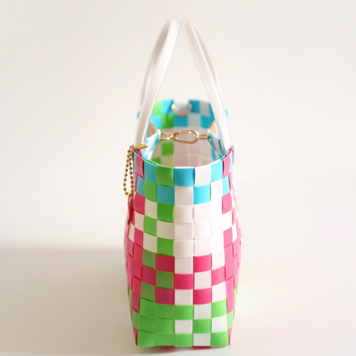 受注製作】マルチチェック M ピンクイエロー 2WAYプラカゴバッグ