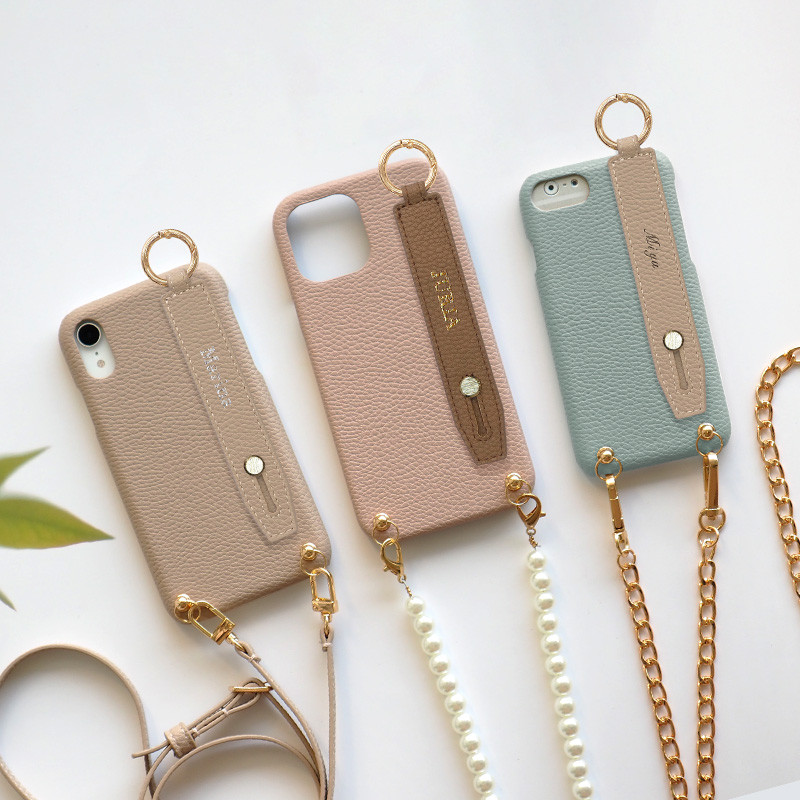 スマホケース ハード 全機種対応【くすみ レザーハードケース×レザーベルトに型押し名入れ×ロングストラップ】284