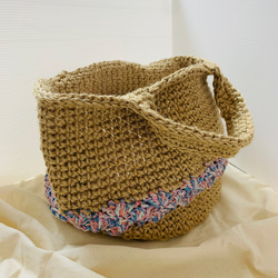 麻紐バッグ　かごバッグ　貝殻模様　松編み　ピンクブルー 4枚目の画像