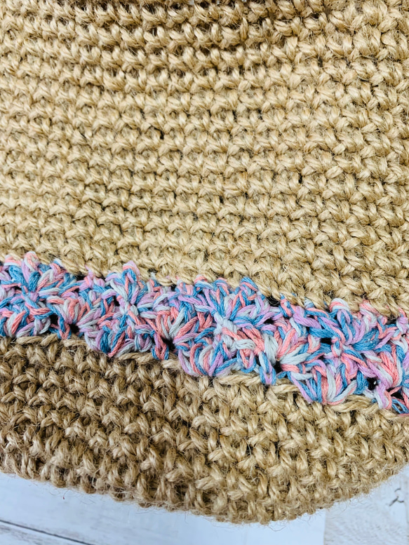 麻紐バッグ　かごバッグ　貝殻模様　松編み　ピンクブルー 5枚目の画像