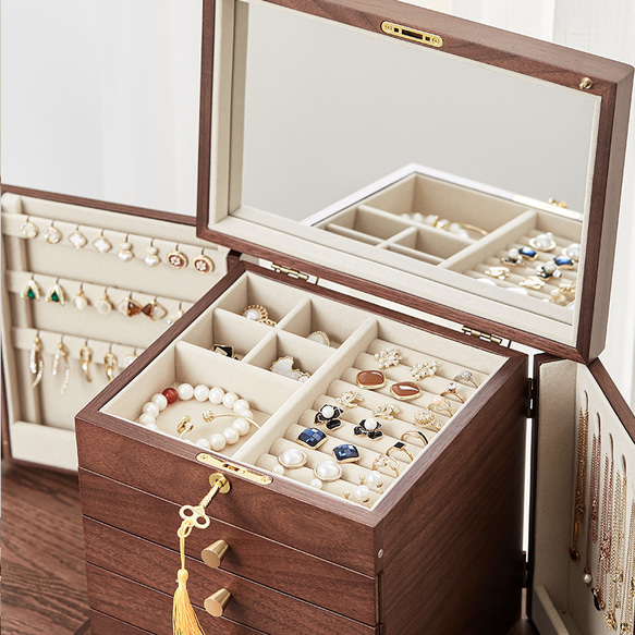 大容量で高級感のあるジュエリーボックス アクセサリー収納 木製の引き出し収納箱　大切な人へのプレゼント 