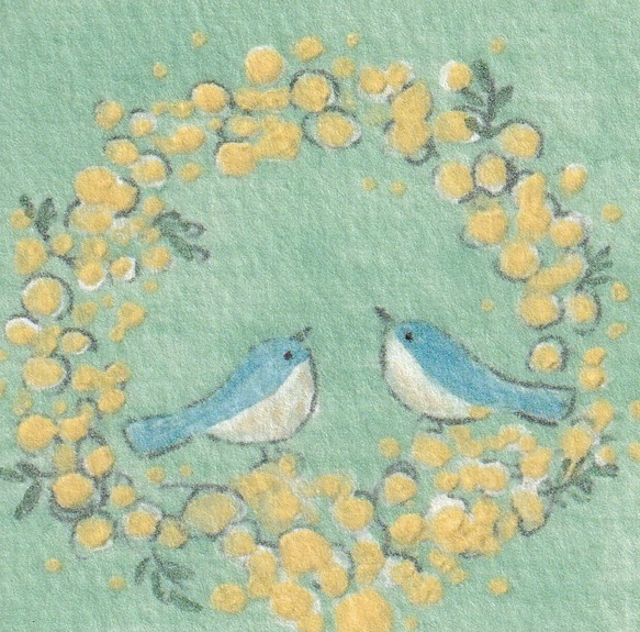 【日本画ポスター】ミモザのリースに集うしあわせの青い鳥　絵画　ミニ額付き　インテリア　アート 2枚目の画像