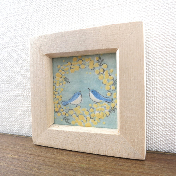 【日本画ポスター】ミモザのリースに集うしあわせの青い鳥　絵画　ミニ額付き　インテリア　アート 4枚目の画像