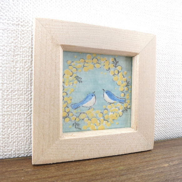 【日本画ポスター】ミモザのリースに集うしあわせの青い鳥　絵画　ミニ額付き　インテリア　アート 5枚目の画像