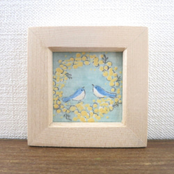 【日本画ポスター】ミモザのリースに集うしあわせの青い鳥　絵画　ミニ額付き　インテリア　アート 1枚目の画像