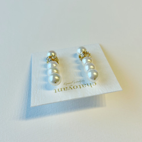 あこや真珠 5連コネクトパールピアス ラインストーンボールゴールド