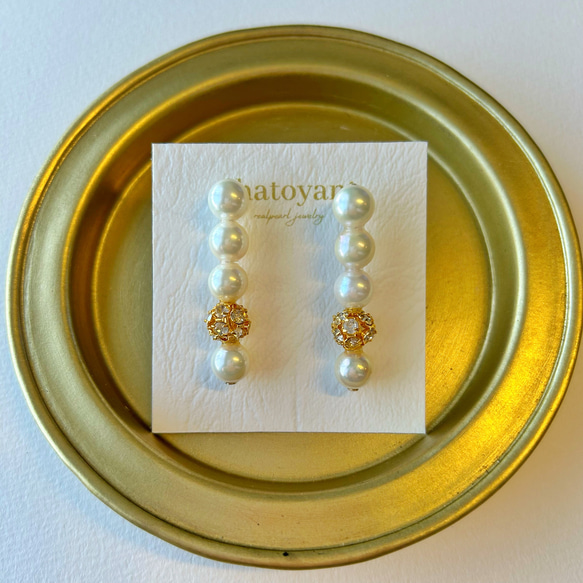 あこや真珠 5連コネクトパールピアス ラインストーンボールゴールド