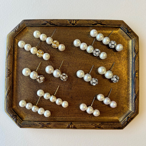 あこや真珠 5連コネクトパールピアス ラインストーンボールゴールド